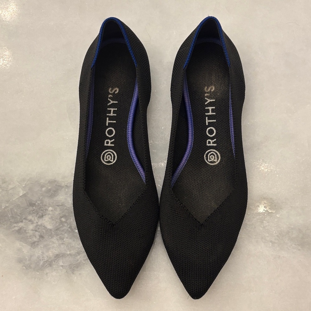 Rothy's Black Pointed Knit Flats with Blue Trim